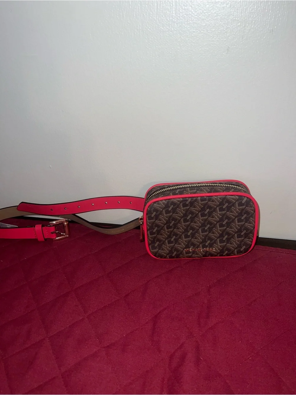Michael Kors Brown Monogram Crossbody with Pink Trim